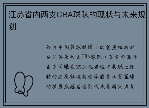 江苏省内两支CBA球队的现状与未来规划