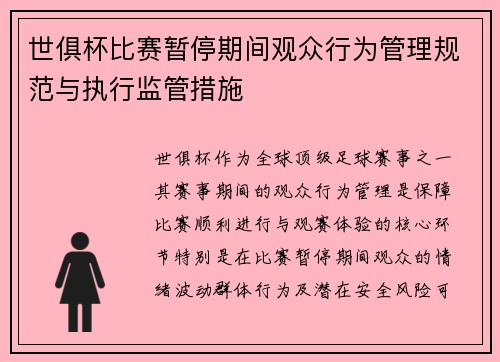 世俱杯比赛暂停期间观众行为管理规范与执行监管措施
