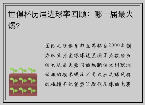 世俱杯历届进球率回顾:哪一届最火爆?