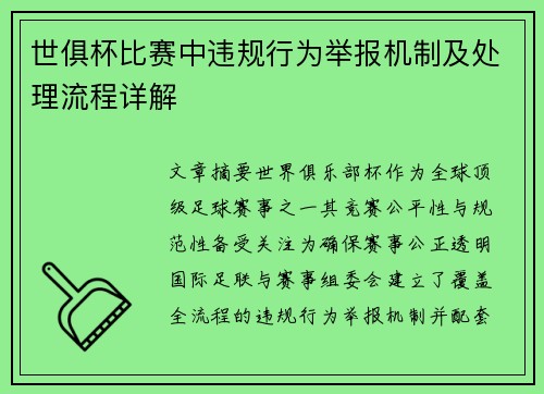 世俱杯比赛中违规行为举报机制及处理流程详解